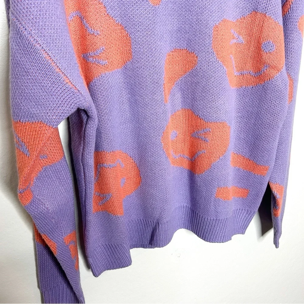 SHEIN Smiley Face‎ Emoji Pastel Purple Knit Crew Neck Sweater Medium M